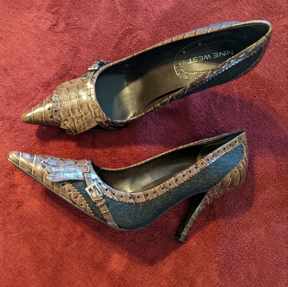 Nine West Black/Brown Croco Spectator Pumps. Sz 8M. New in Box.